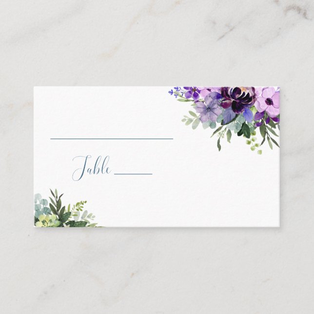 Carte De Placement Mariage simple à fleurs violet et vert (Devant)