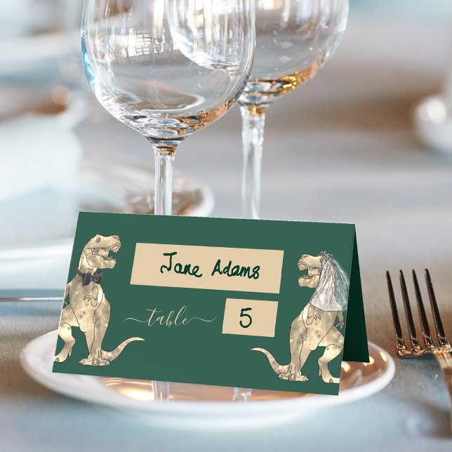 Carte De Placement Mariage sur le thème des dinosaures Vert foncé (Dinosaur wedding dark green table place cards T-Rex dino bride and groom Jurassic wedding )