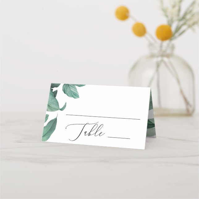 Carte De Placement Mariage tropical à l'aquarelle avec feuillage verd (Devant)