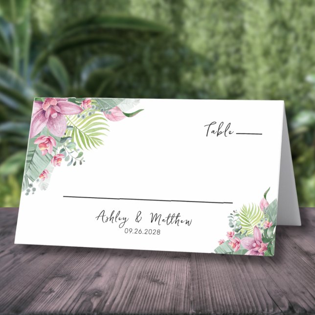 Carte De Placement Mariage Tropical à l'Aquarelle Florale (Elegant Palm Floral Watercolor Tropical Wedding Place Card)
