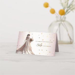 Carte De Placement Mariée d'hiver rose Golden Shiny Hearts