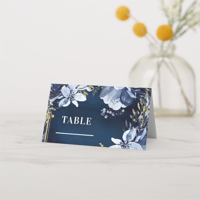 Carte De Placement Marine Bleu & Or Aquarelle Floral Table Siège (Devant)