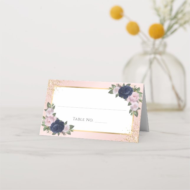 Carte De Placement Marine Blue Blush Gold Mariage Siège Numéro de tab (Devant)