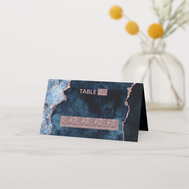 Carte De Placement Marine Blue Rose Gold Agate Siège Numéro de table (Devant)