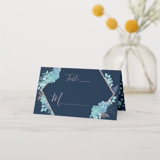 Carte De Placement Marine Blue Succulents & Rose Gold Numéro de table (Devant)