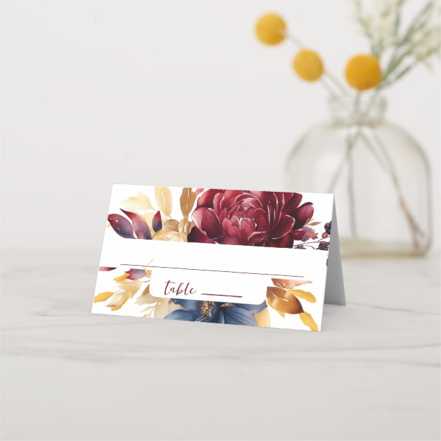 Carte De Placement Marine Burgundy Automne Aquarelle Florale (Devant)