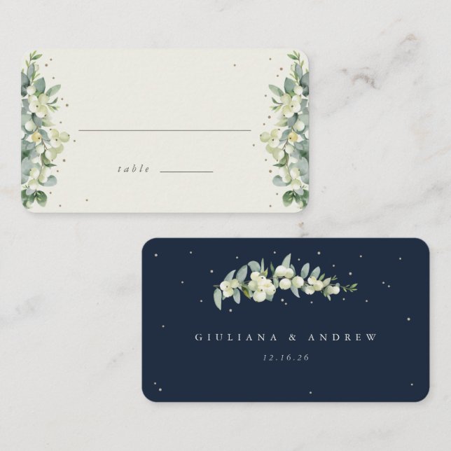 Carte De Placement Marine/Crème Snowberry+Eucalyptus Mariage plat (Devant / Derrière)