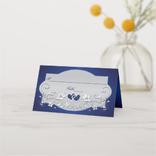 Carte De Placement Marine, Silver Grey Floral, Hearts Place Card