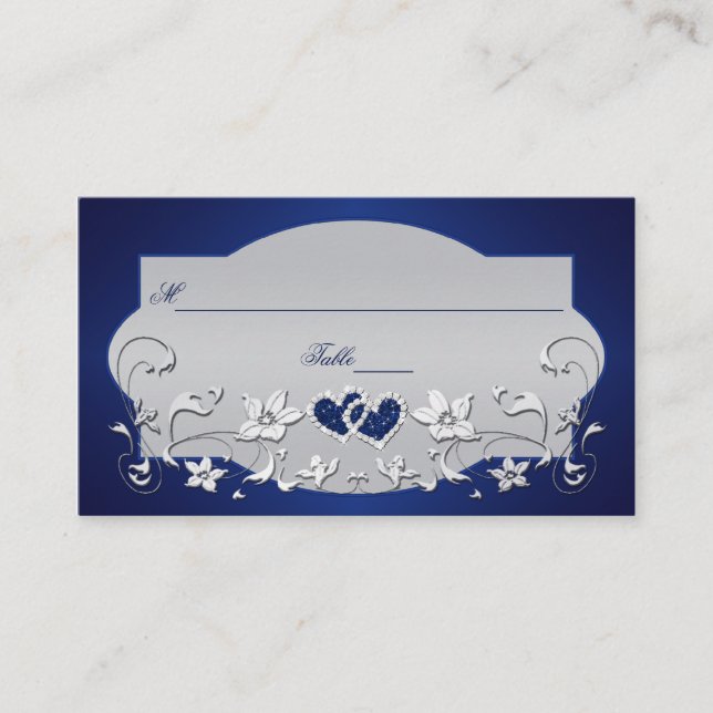 Carte De Placement Marine, Silver Grey Floral, Hearts Place Card (Devant)