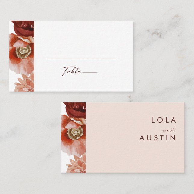 Carte De Placement Marsala Autumn Floral | Mariage plat (Devant / Derrière)