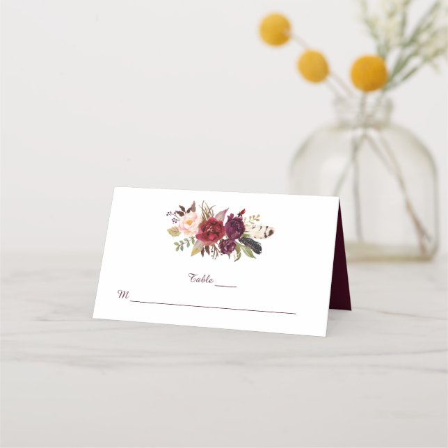 Carte De Placement Marsala Rouge Blanc Roses Boho Plumes Placer les c (Devant)