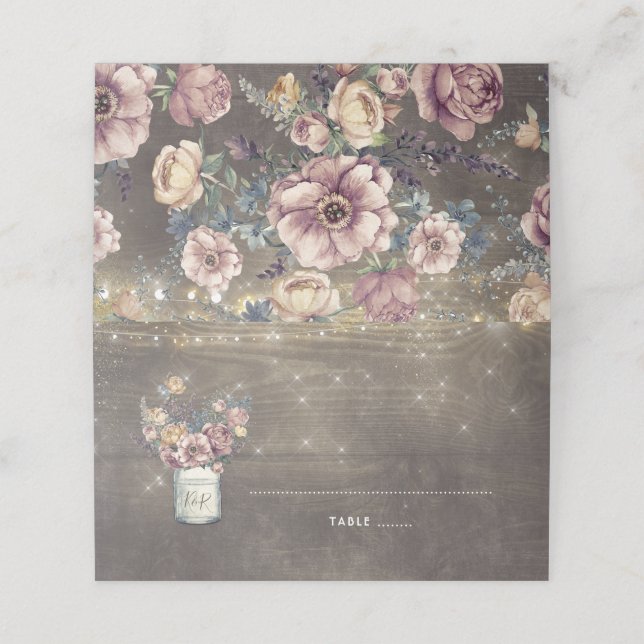 Carte De Placement Mauve et or Floral Mason Jar Mariage rustique (Extérieur déplié)