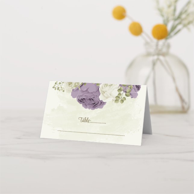 Carte De Placement mauve fleurs blanches verdure mariage (Devant)