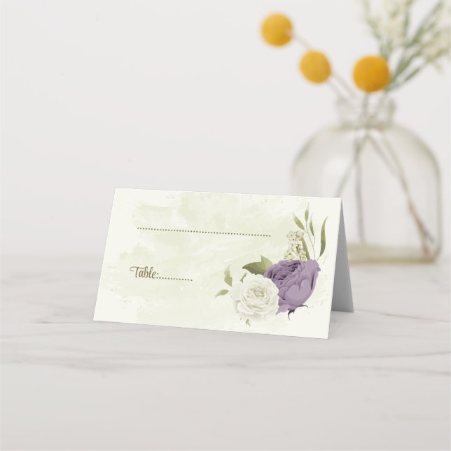 Carte De Placement mauve fleurs blanches verdure mariage (Devant)
