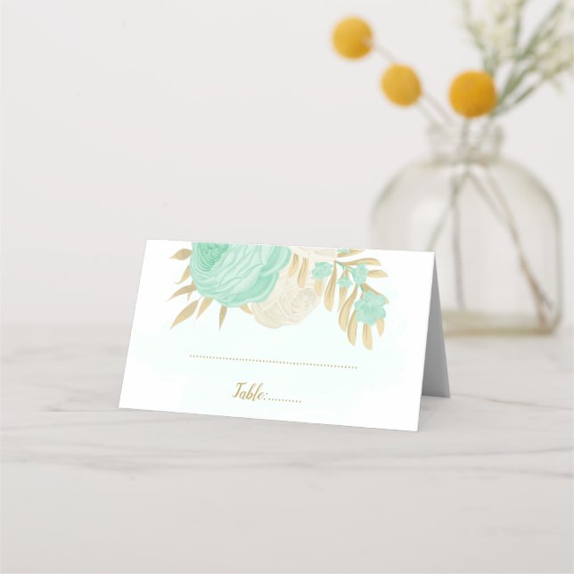 Carte De Placement menthe vert & blanc fleurs or mariage botanique (Devant)