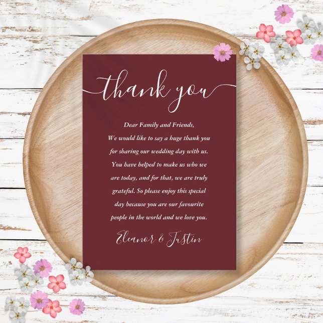 Carte De Placement Merci Mariage de script élégant rose Rosewood (Rosewood Pink Elegant Script Wedding Thank You Place Card)