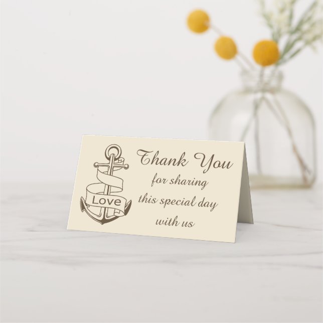 Carte De Placement Merci nautique Ancre navire Brown Mariage amour (Devant)