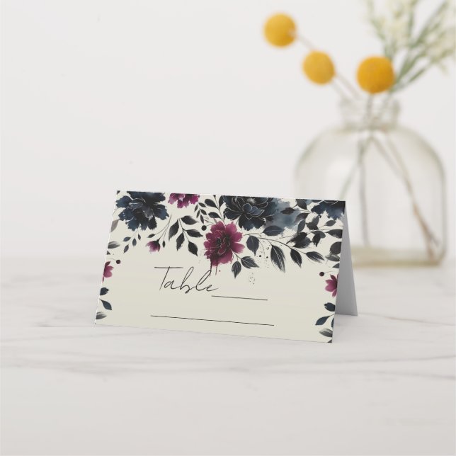 Carte De Placement Midnight Blue Bourgogne Inky Floral Almond Mariage (Devant)