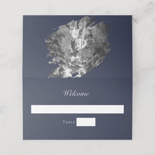 Carte De Placement Modern Brushstroke Photo Wedding | Navy Blue (Extérieur déplié)