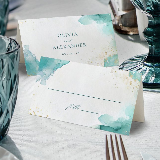 Carte De Placement Modern Teal Gold Abstract Beach Wedding (Créateur téléchargé)