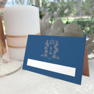 Carte De Placement Monogramme crête de coeur bleu foncé rose or maria