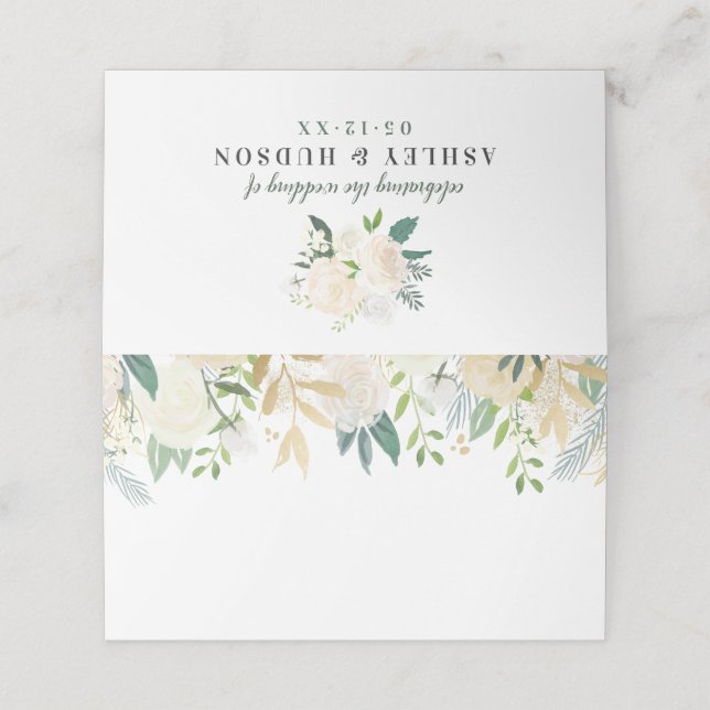 Carte De Placement Monogramme de mariage floral verdure crème doré (Extérieur déplié)