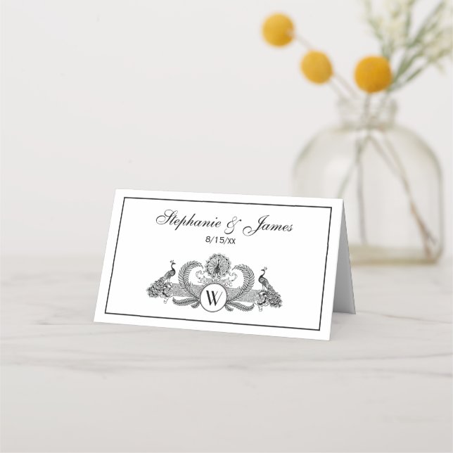 Carte De Placement Monogramme de paons vintage (Devant)