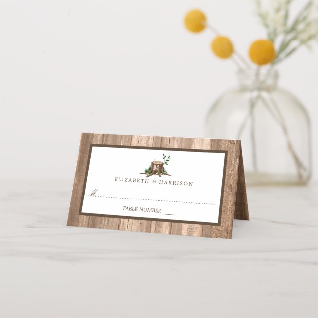 Carte De Placement Monogramme de pays Mariage arbre et bois (Devant)