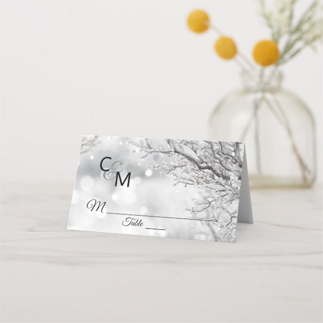 Carte De Placement Monogramme d'hiver Mariage de neige sur mesure (Devant)