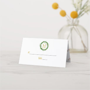 Carte De Placement Monogramme et couronne Mariage de verdure d'hive