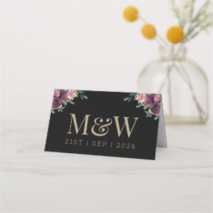 Carte De Placement Monogramme floral de Bourgogne moderne Mariage noi