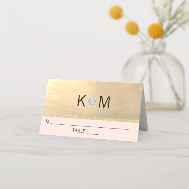 Carte De Placement Monogramme Gold Heart Diamond Blush Pink Mariage (Devant)
