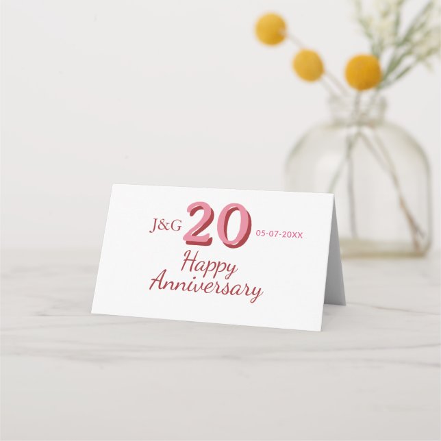 Carte De Placement monogramme gras nom date rose 20e anniversaire (Devant)