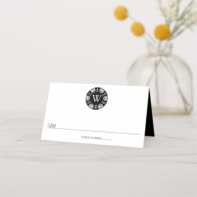 Carte De Placement Monogramme Pailleté Argent Jetons de Poker Mariage (Devant)