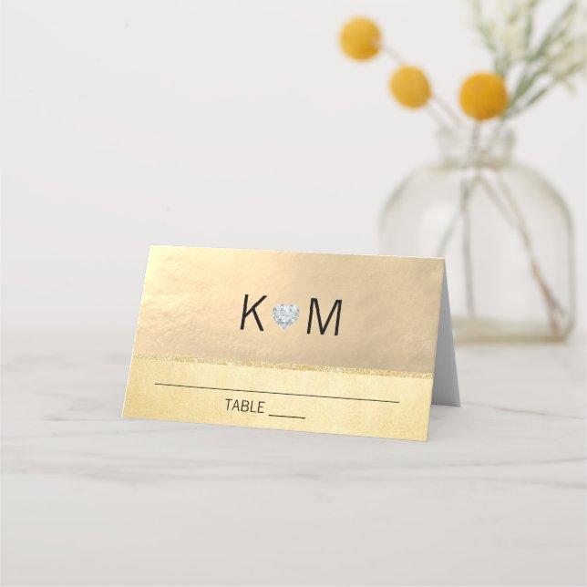 Carte De Placement Monogramme personnalisé Gold Heart Mariage diamant (Devant)