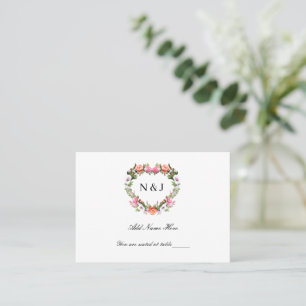 Carte De Placement Monogramme Romantique Rose coeur floral