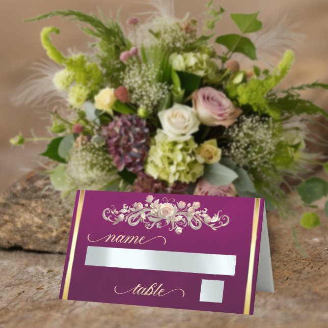 Carte De Placement Monogramme Roses & Cœur - Prune (Créateur téléchargé)
