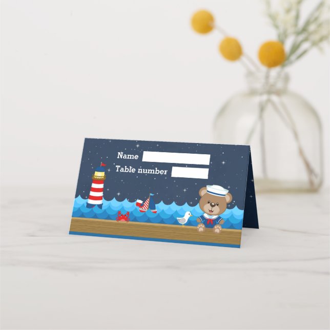 Carte De Placement Nautical Boy Bear Red Navy Sièges d'anniversaire (Devant)