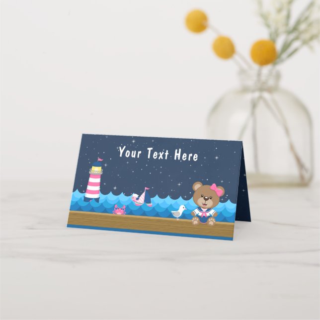 Carte De Placement Nautical Girl Bear rose et la marine fête d'annive (Devant)