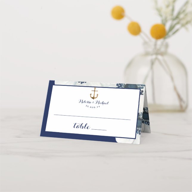 Carte De Placement #Nautical Navy Mariage d'anémone bleu et blanc (Devant)
