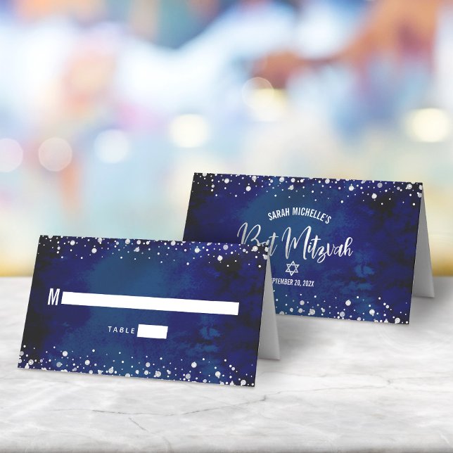 Carte De Placement Navy de Bat Mitzvah Aquarelle Écriture Paillettes  (Créateur téléchargé)