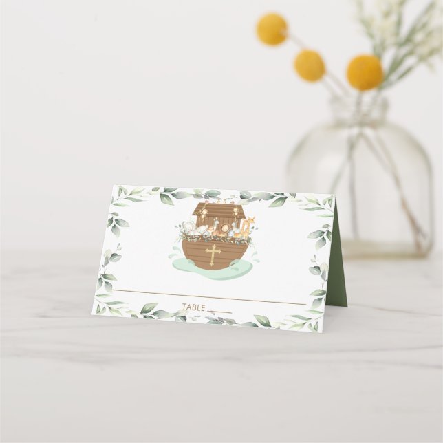 Carte De Placement Noah's Ark Greenery Animaux Baptême Christening (Devant)