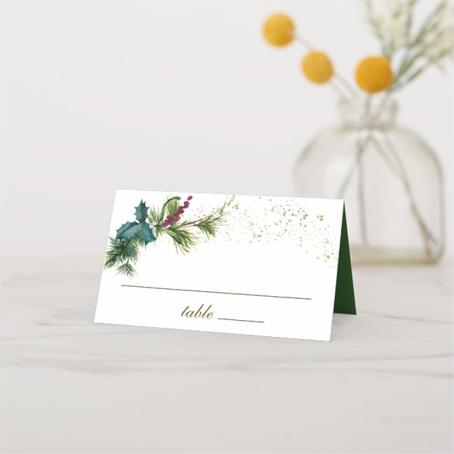 Carte De Placement Noël À feuillage persistant Holly Mariage d'hiver (Devant)
