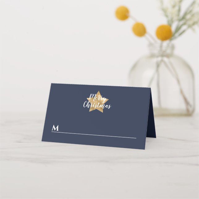 Carte De Placement Noël festif bleu marine étoile dorée (Devant)