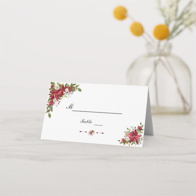 Carte De Placement Noel Rouge Blanc Poinsettia Wedding Numéro de tabl (Devant)