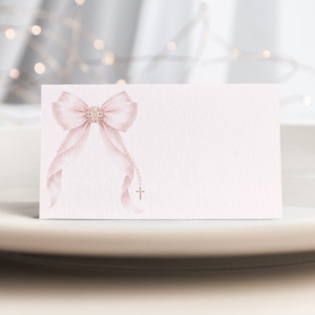 Carte De Placement Nœud Coquette Rose Pâle Croix Baptême (Créateur téléchargé)