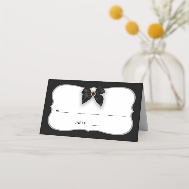 Carte De Placement Noir & Blanc, Bow/Ruban Faux Classé, Mariage (Devant)