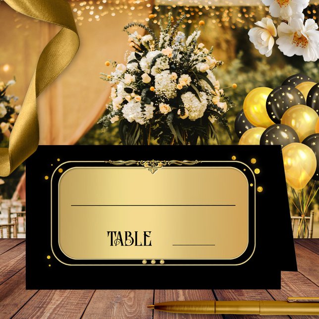 Carte De Placement Noir Confetti Mariage Numéro de table (Wedding place card in art deco style featuring a gold black design with sparkling gold confetti)