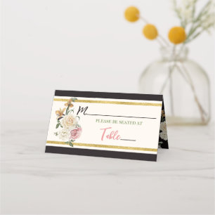Carte De Placement Noir, Ivoire, Doré Fleurs Mariage Cérémonie Prénup