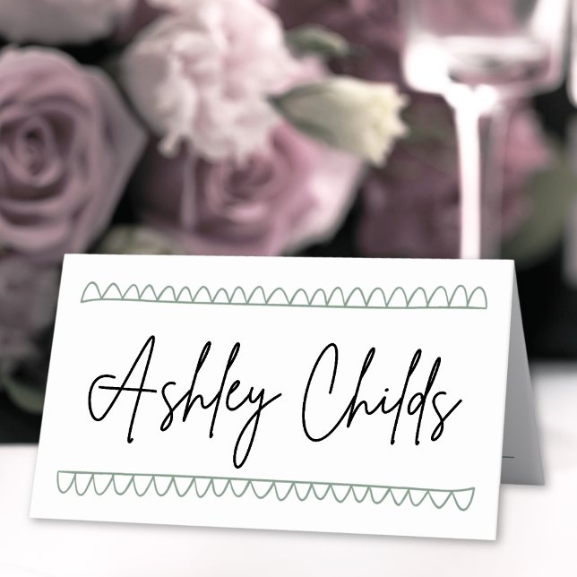 Carte De Placement Nom Fantaisiste Vert Dessiné à la Main Mariage (Hand Drawn Green Whimsical Name Wedding Place Card)